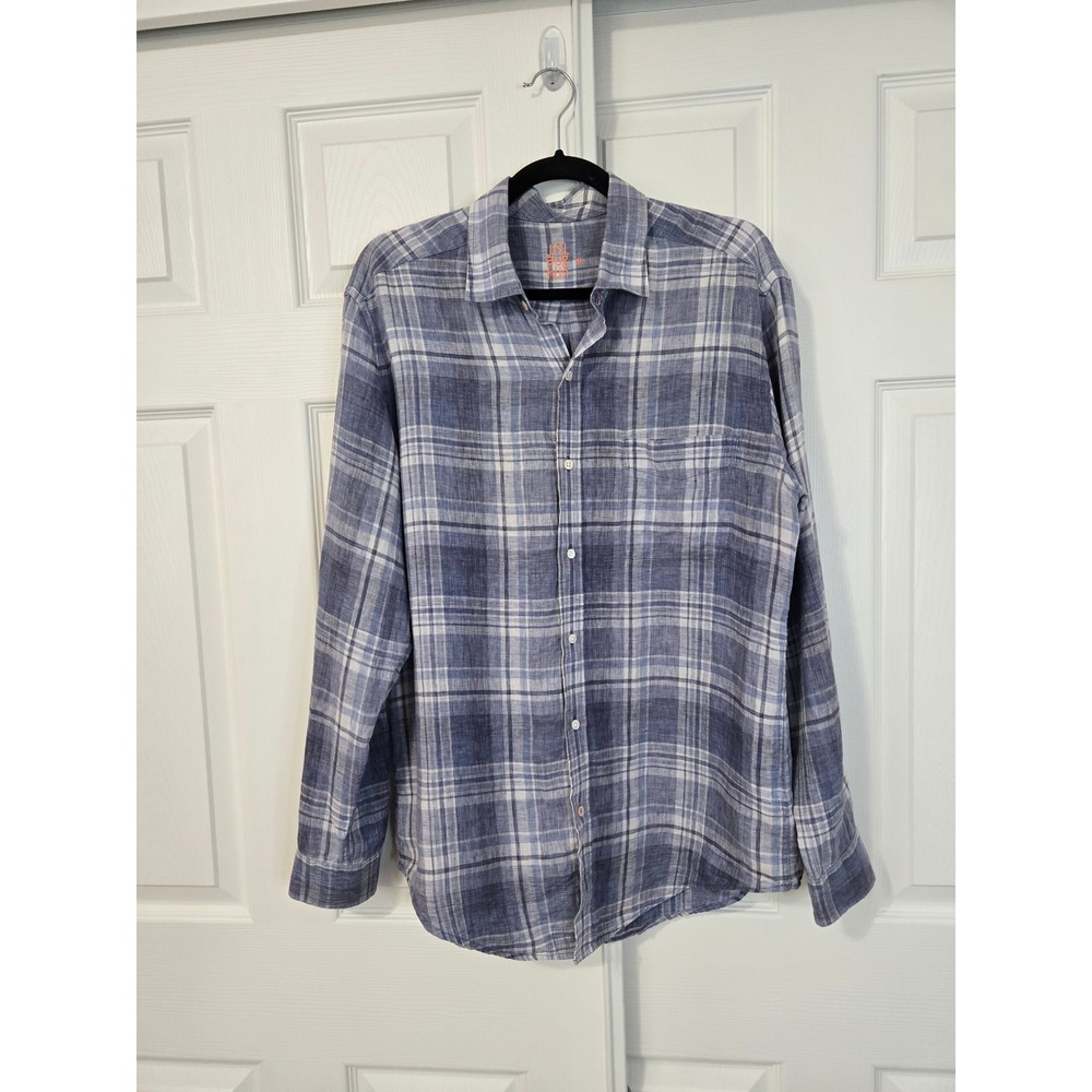 J.McLaughlin Womens Blue White Plaid 100% Linen Button Down Shirt Size M